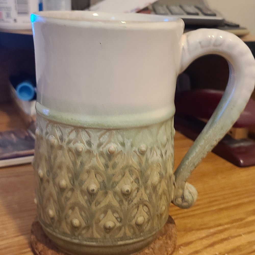 Textured White and Green Ceramic Mug